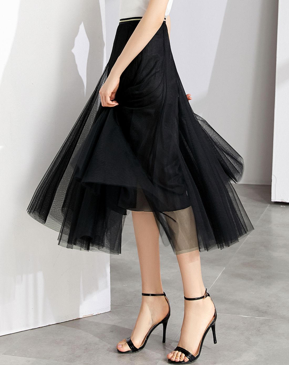 中长款网纱百褶裙半身裙2018夏季新款黑色宽松大摆纱裙仙女裙伞裙