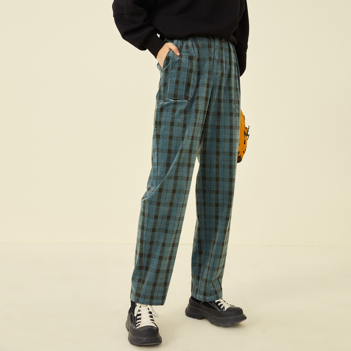 超级vip:乐町 休闲格纹裤冬季高腰直筒裤宽松休闲裤女