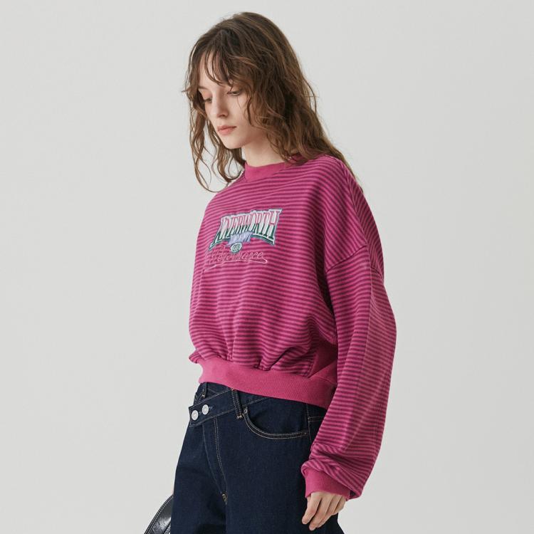 Moussy 秋季复古条纹创意图案印花短款卫衣010hsq90-0271 In Pink