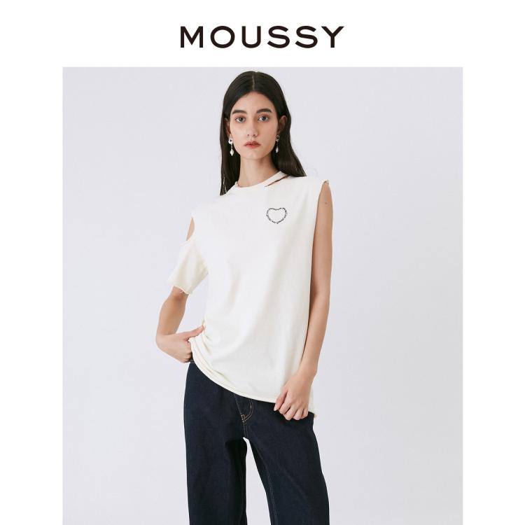 Moussy 春夏新品中性风镂空卷边袖口休闲t恤028gs990-0180 In White