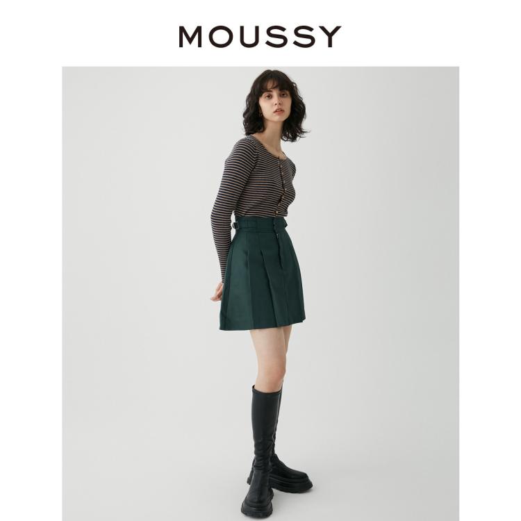 Moussy 秋季英伦校园风金属扣百褶半身裙010fa730-7430 In Green