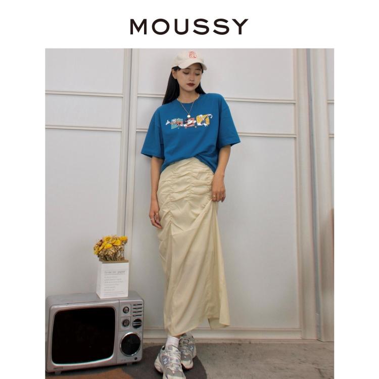Moussy 夏季气质通勤顺滑褶皱设计半身裙 In Blue