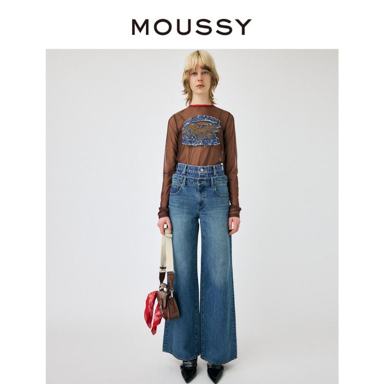 Moussy 秋季设计感双腰头阔腿裤水洗牛仔裤010hs611-0670 In Blue