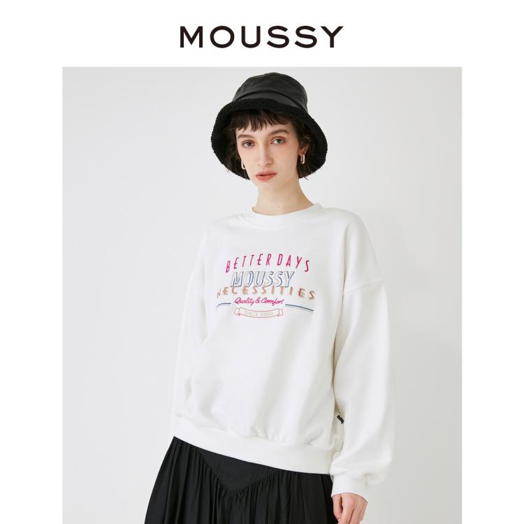 Moussy 秋季学院风字母刺绣针圆领套头卫衣029gaa90-5100 In White