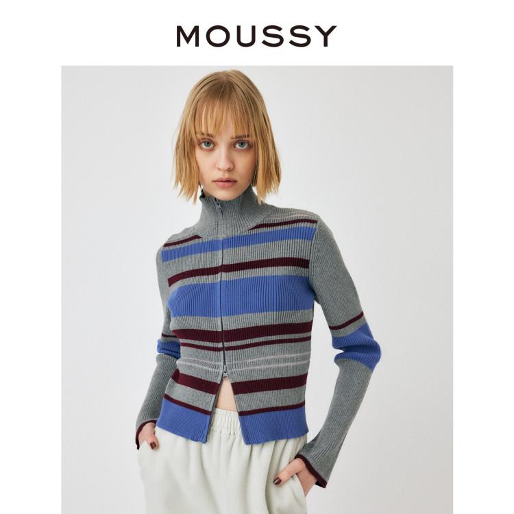 Moussy 秋季设计感通勤风双拉链修身针织衫010ga270-6680 In Gray