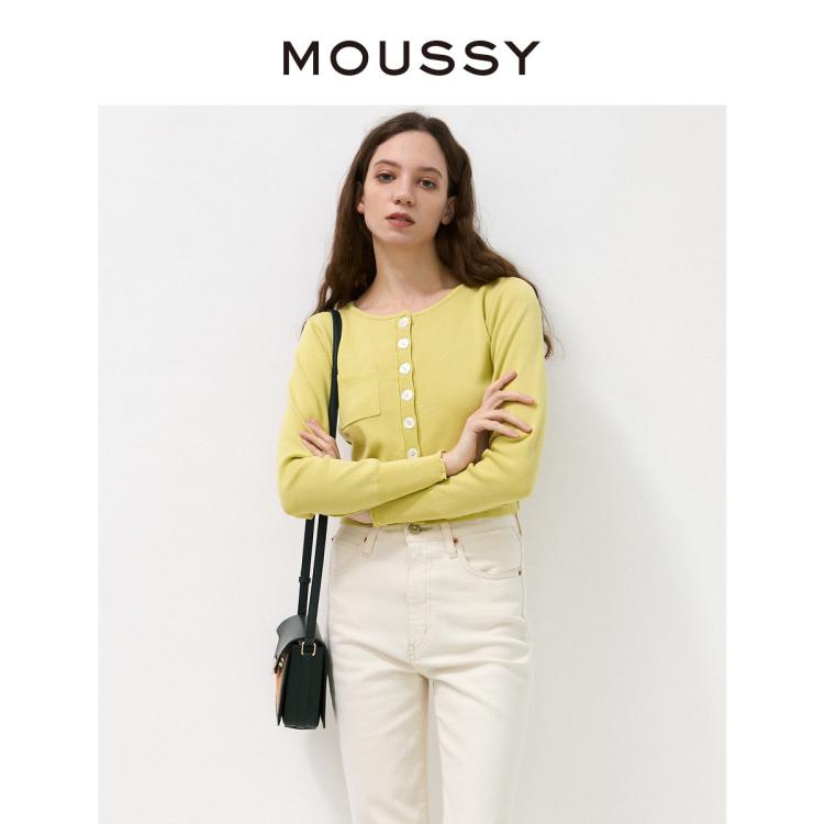Moussy 春夏短款单排扣圆领毛针织开衫女010fa770-5260 In Yellow