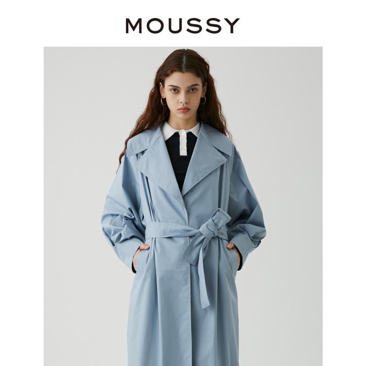 Moussy 春季新品经典款英伦翻驳领长版风衣028gaz30-6200 In Blue