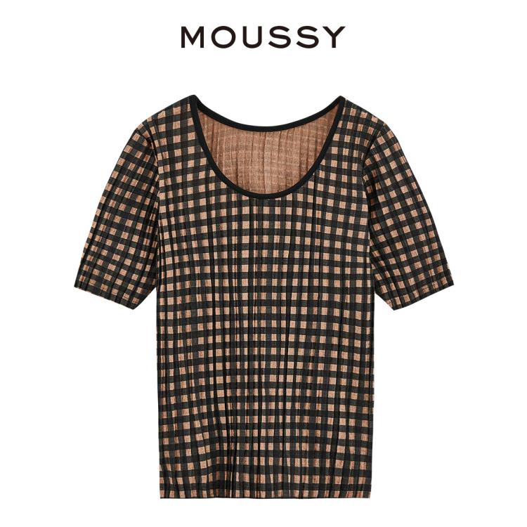 MOUSSY MOUSSY 秋季复古风经典格纹五分袖针织上衣029ESA80-0340 6921066907588788184