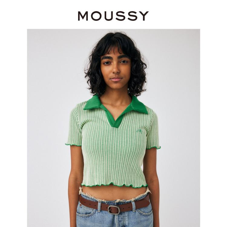 Moussy 夏季新款甜美可爱小刺绣针织短袖t恤010gal90-5320 In Green