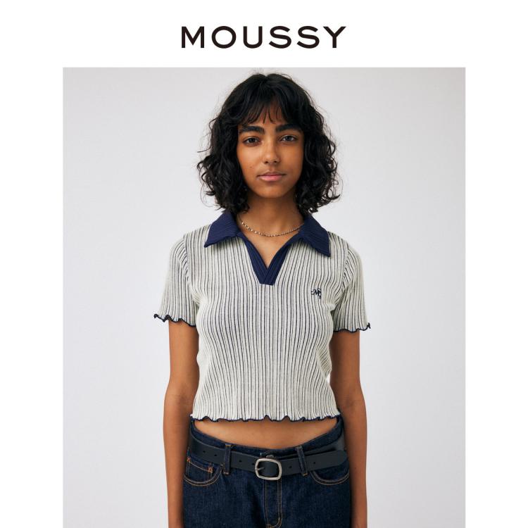 Moussy 夏季新款甜美可爱小刺绣针织短袖t恤010gal90-5320 In Blue