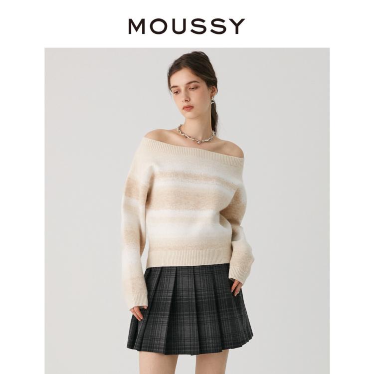 Moussy 秋季多巴胺渐变条纹一字领针织衫028ga970-5200 In White