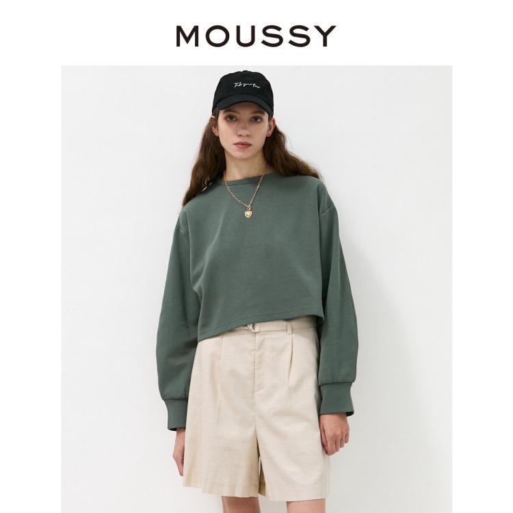 Moussy 秋季纯色简约圆领短款休闲长袖t恤010eaw80-5630 In Green
