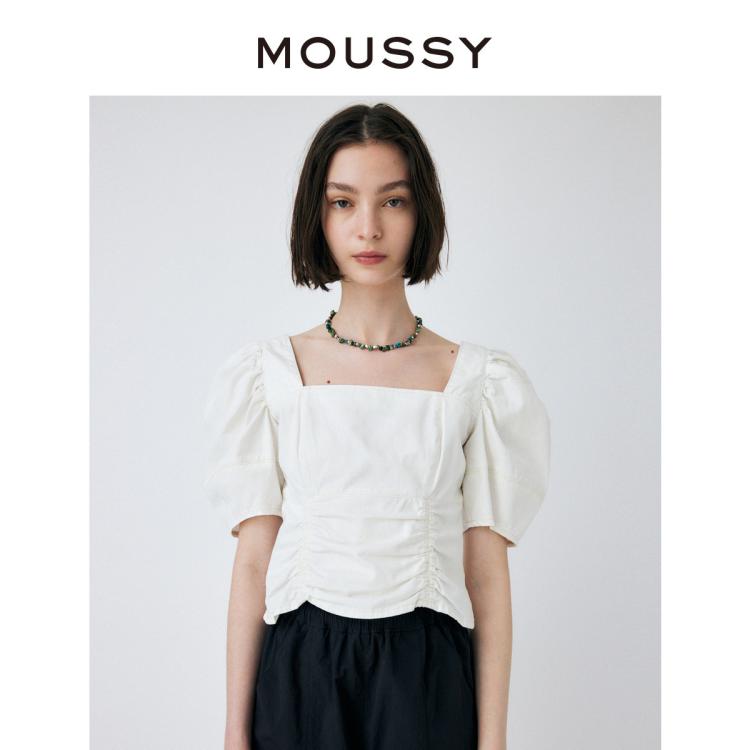 Moussy 春季新品日系甜美泡泡袖方领短袖衬衫010gsa11-0650 In White
