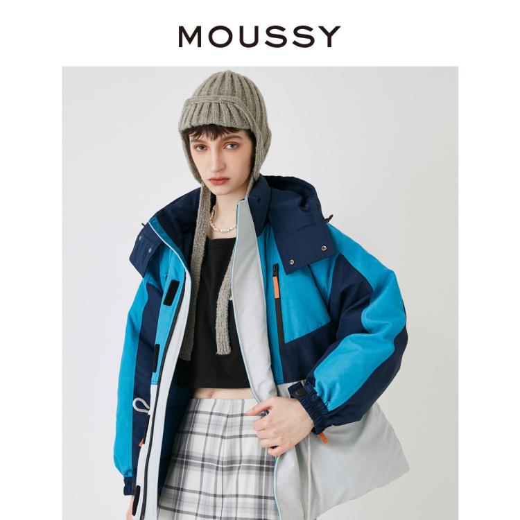 Moussy 秋季山系户外风工装撞色连帽羽绒服028faz30-5540