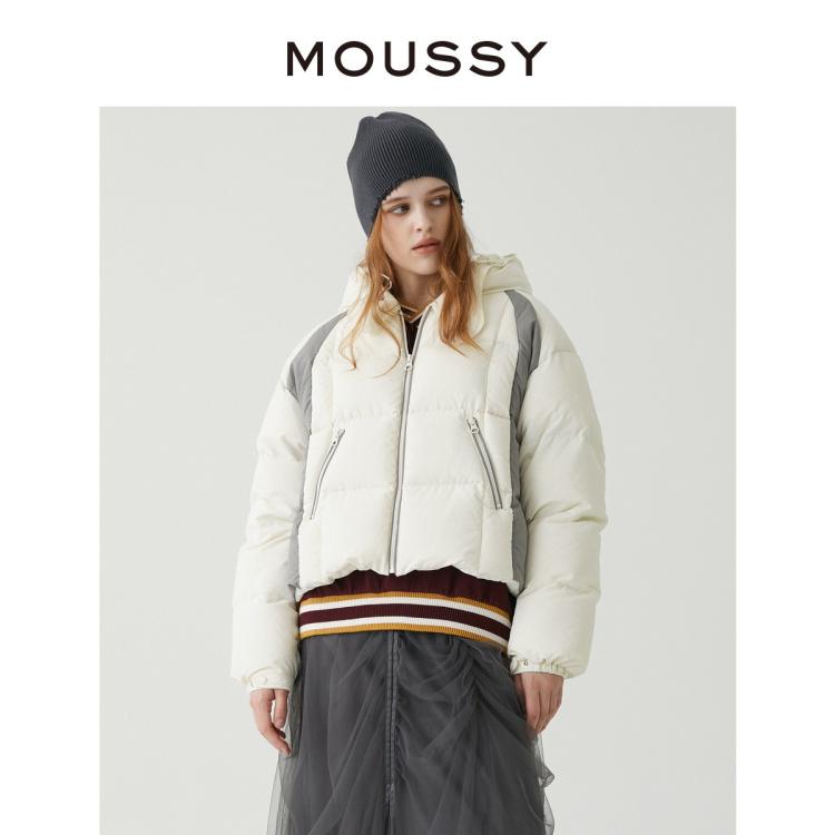 MOUSSY 秋季休闲风白灰拼色连帽短款羽绒服028GAZ30-6100