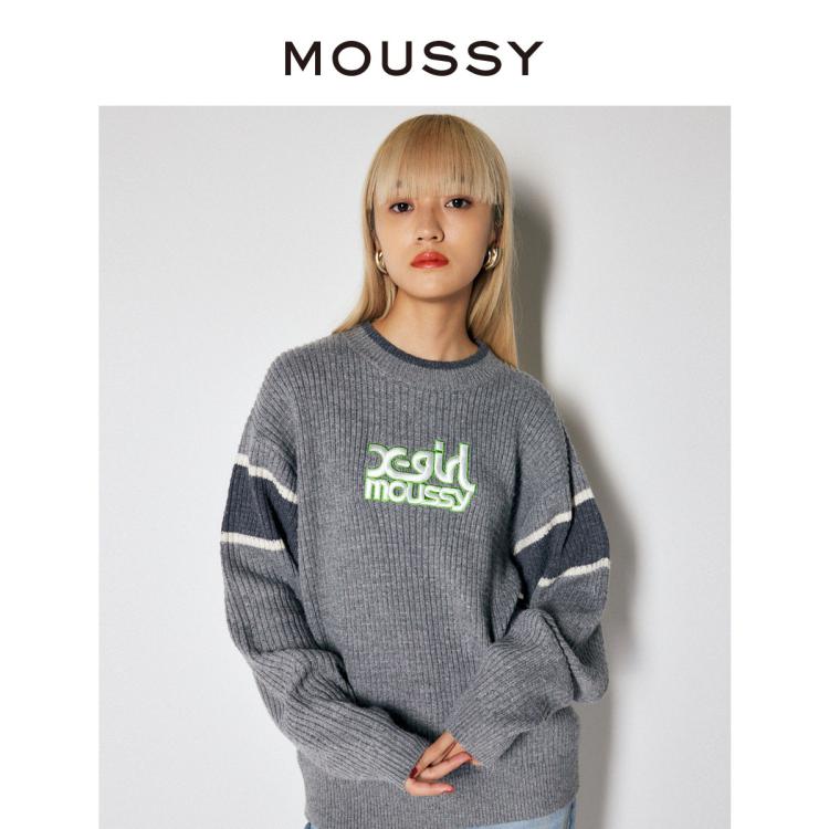 Moussy X-girl系列秋季刺绣毛针织衫010faq01-5130 In Gray