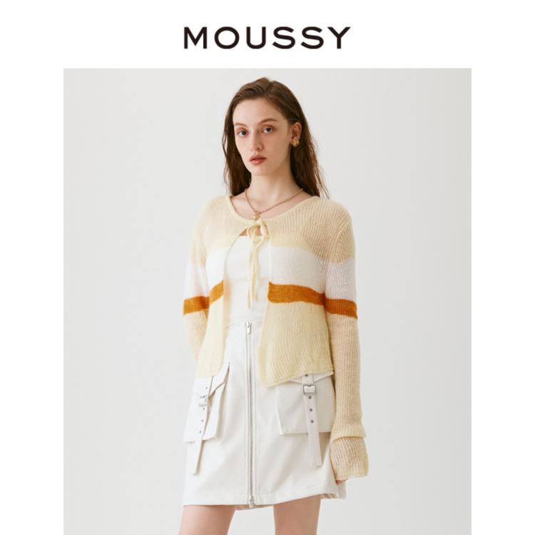 Moussy 秋季短款撞色条纹系带毛针织开衫女010fak70-5230 In Neutral