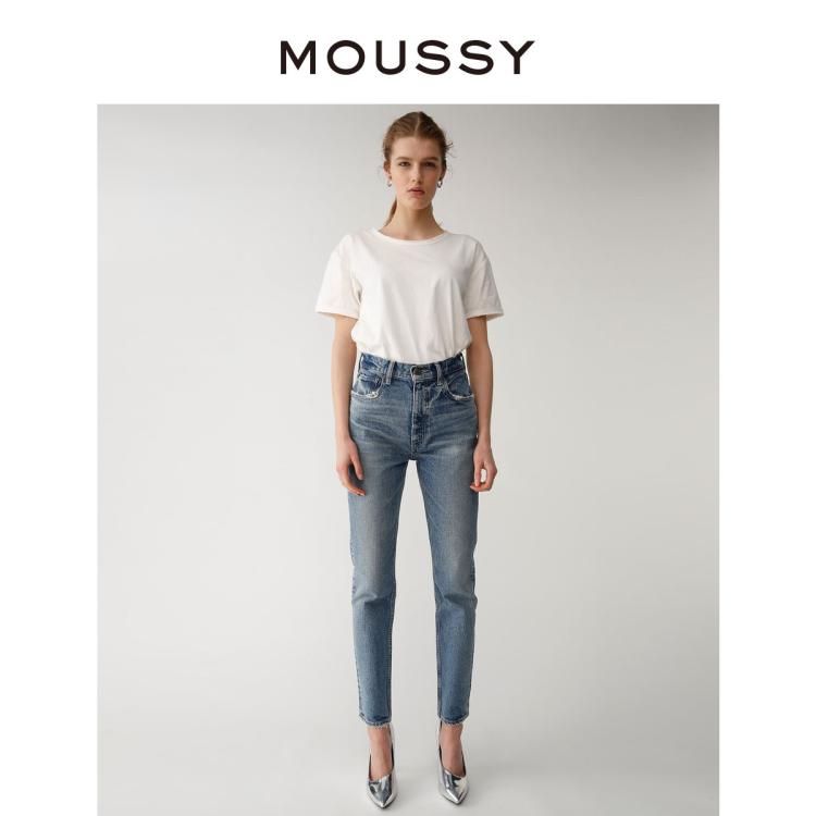 Moussy 秋季高腰做旧水裤脚洗磨毛牛仔裤女c10fac12-2100 In Blue