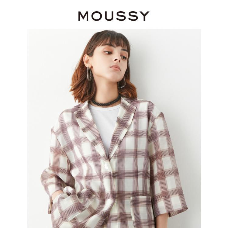 Moussy 秋季通勤英伦风格纹短袖西装衬衫c10faw30-1740