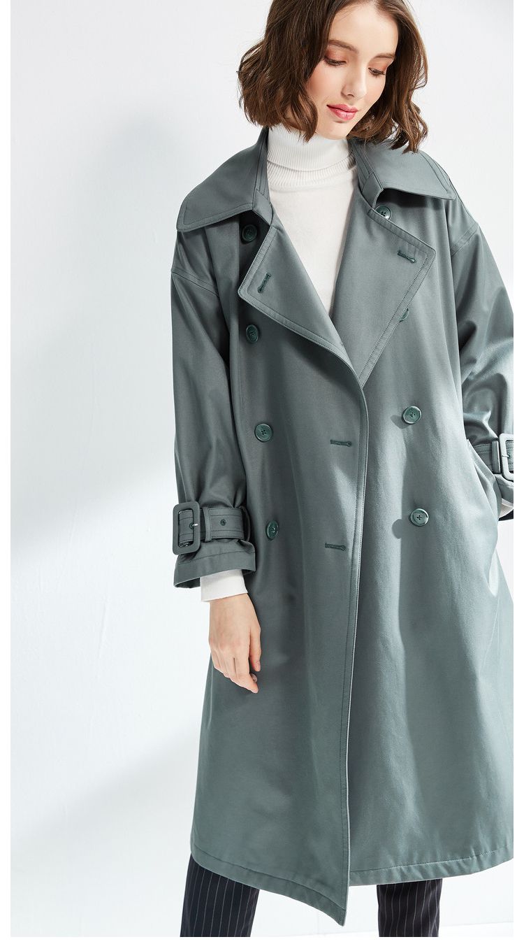 2018新款双排扣h版型风衣女中长款烟灰绿风衣外套女宽松