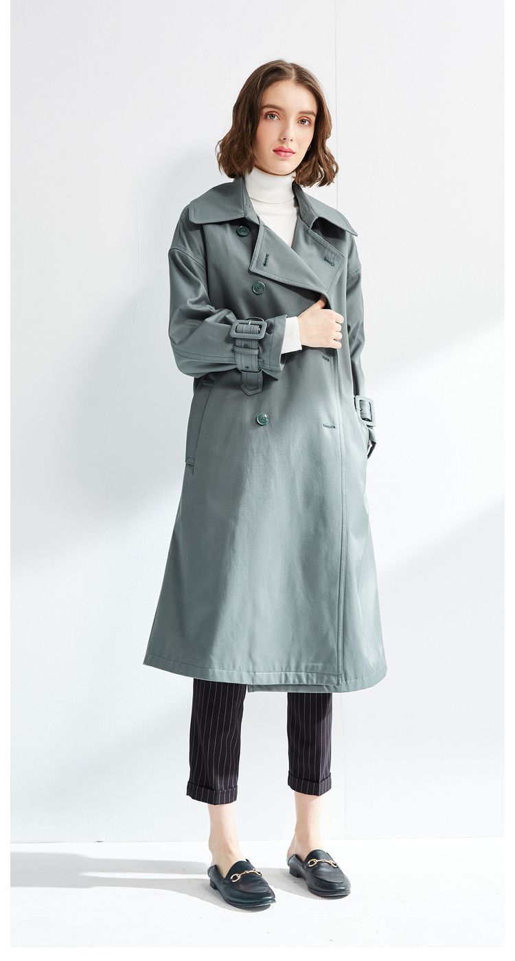 2018新款双排扣h版型风衣女中长款烟灰绿风衣外套女宽松