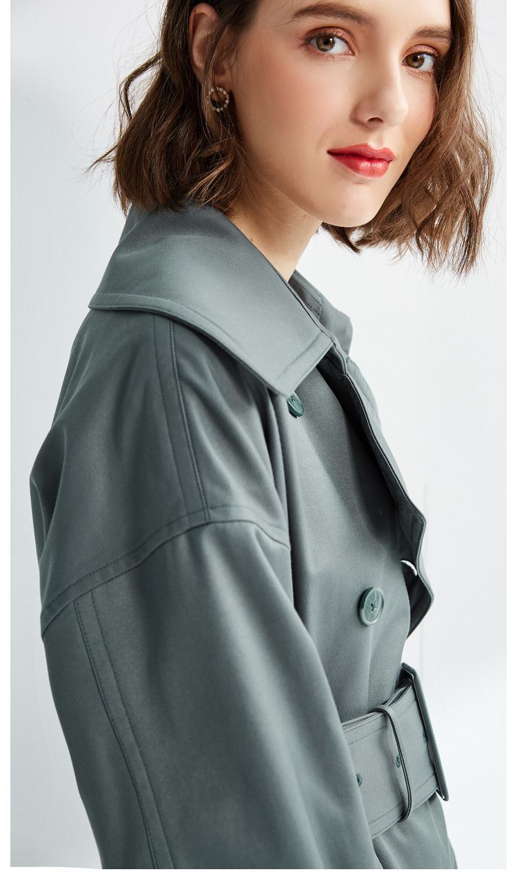 2018新款双排扣h版型风衣女中长款烟灰绿风衣外套女宽松