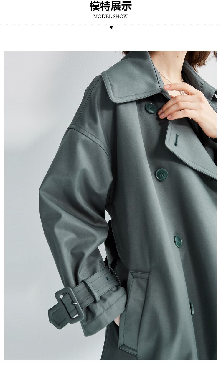 2018新款双排扣h版型风衣女中长款烟灰绿风衣外套女宽松