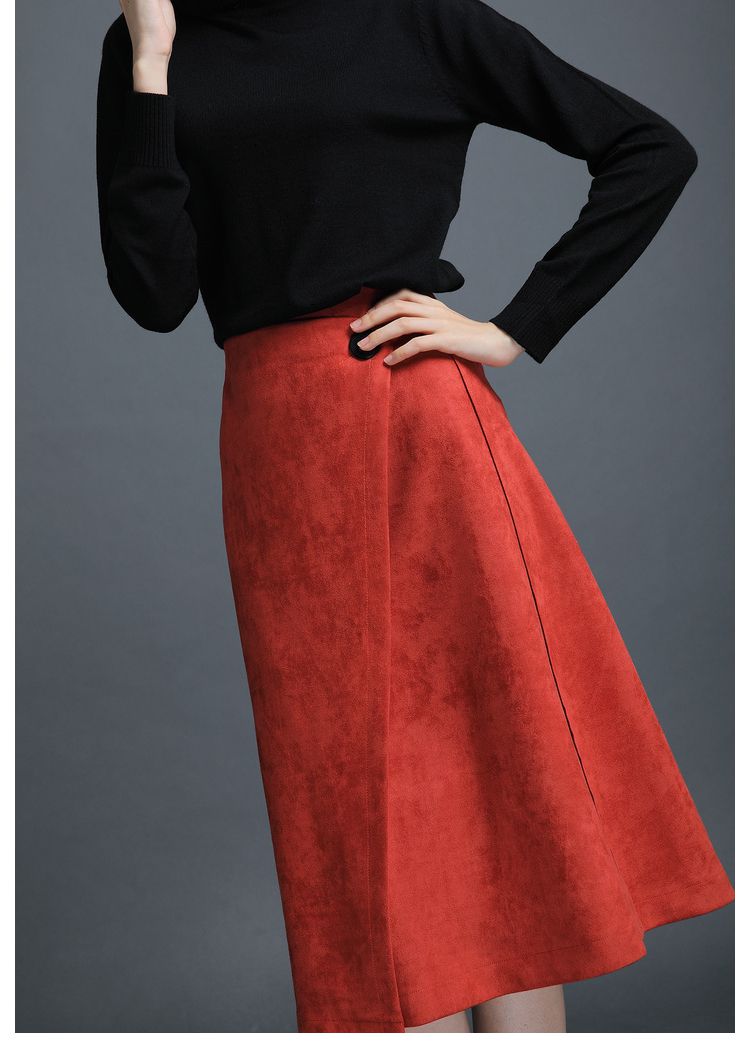 2018夏装新款仿麂皮绒半身裙中长款 纯色高腰四片裙a字裙春秋