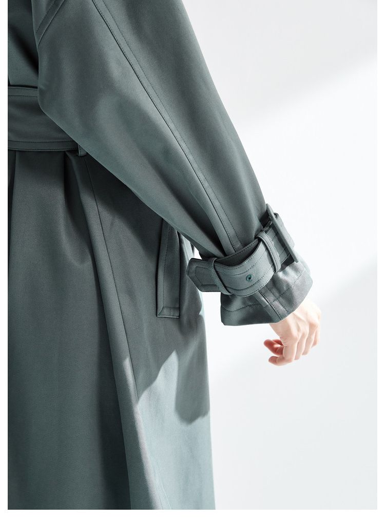 2018新款双排扣h版型风衣女中长款烟灰绿风衣外套女宽松