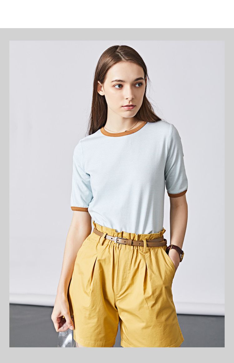 初棉2018夏装新款简约圆领条纹打底衫短袖t恤女半袖休闲汗衫女式