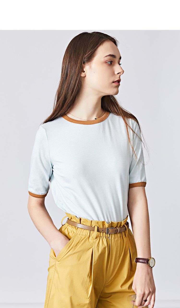 初棉2018夏装新款简约圆领条纹打底衫短袖t恤女半袖休闲汗衫女式