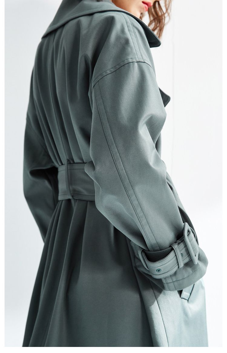 2018新款双排扣h版型风衣女中长款烟灰绿风衣外套女宽松