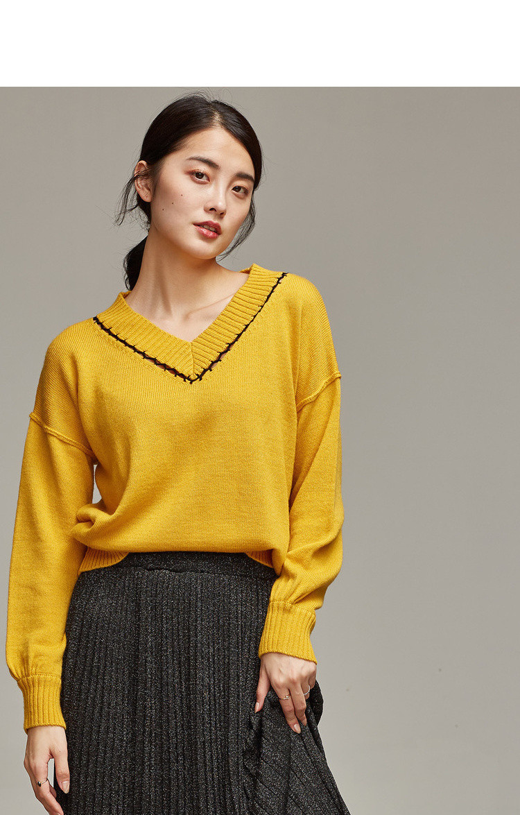 2018冬装新款分离编织领口 纯色宽松v领毛衣女落肩袖针织衫