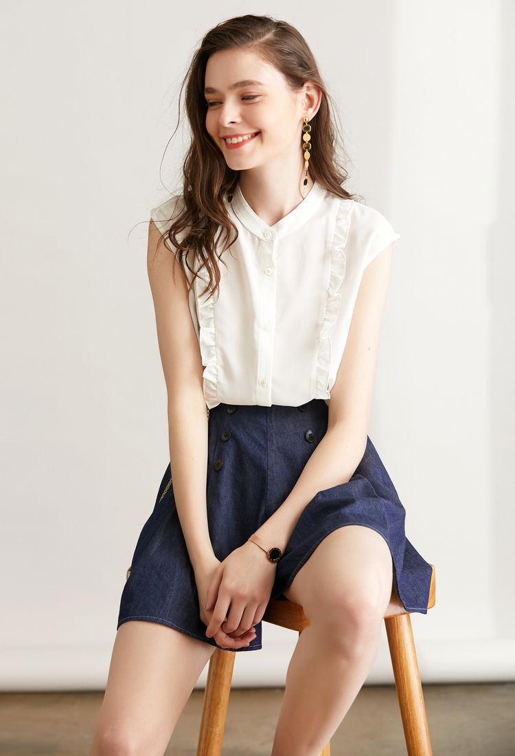 2018夏装新款木耳边落肩无袖雪纺衬衫女ol风纯色v领粉色衬衣