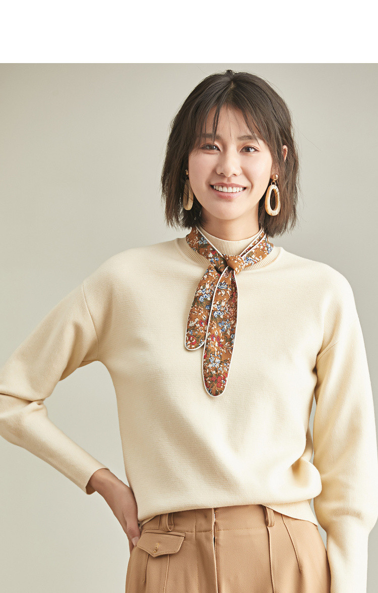 2018秋季新款花色丝巾装饰 简约半高领套头毛衣女长袖针织衫