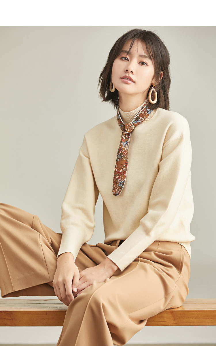 2018秋季新款花色丝巾装饰 简约半高领套头毛衣女长袖针织衫
