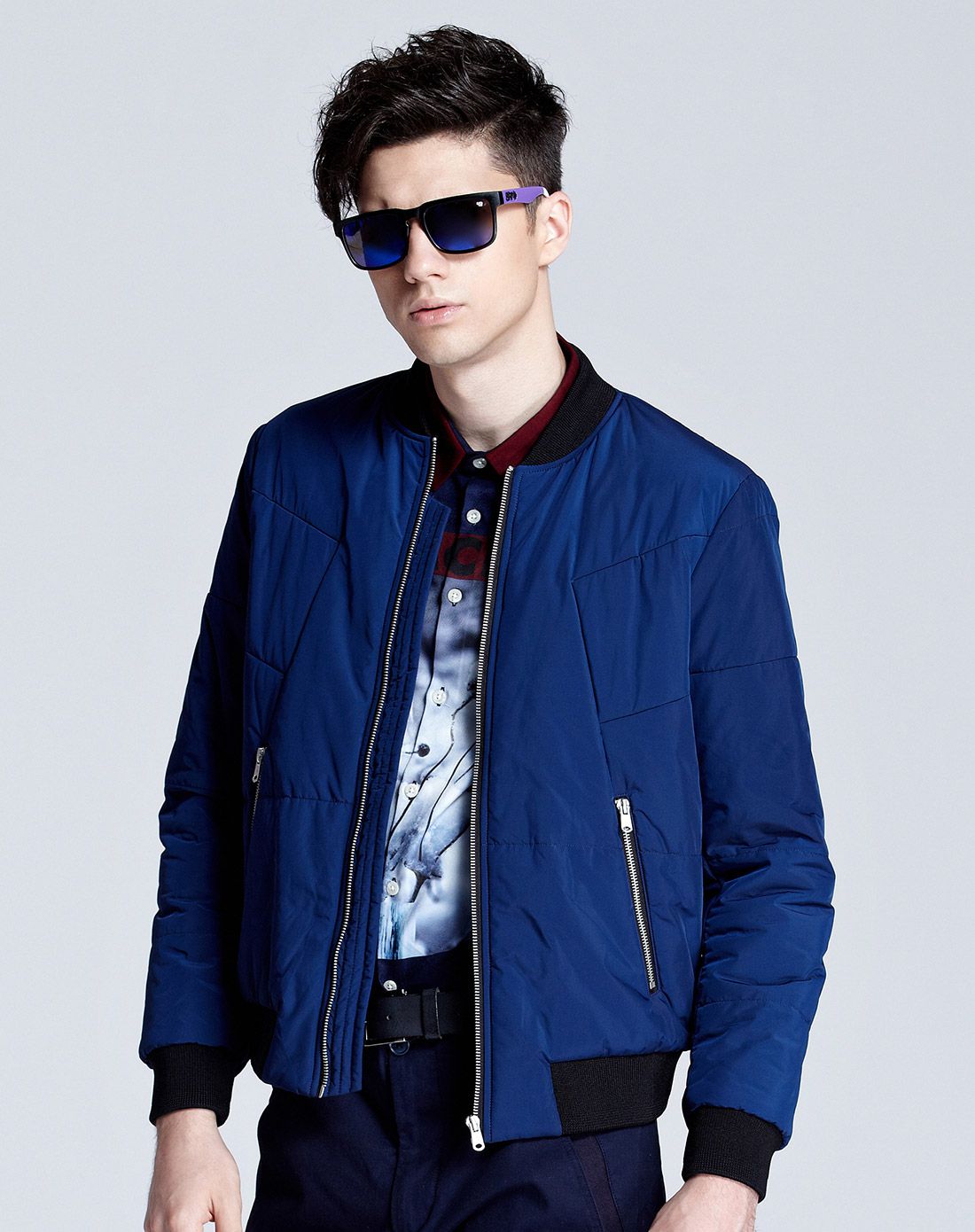 深蓝色棒球领棉服立领时尚加厚外套棉衣