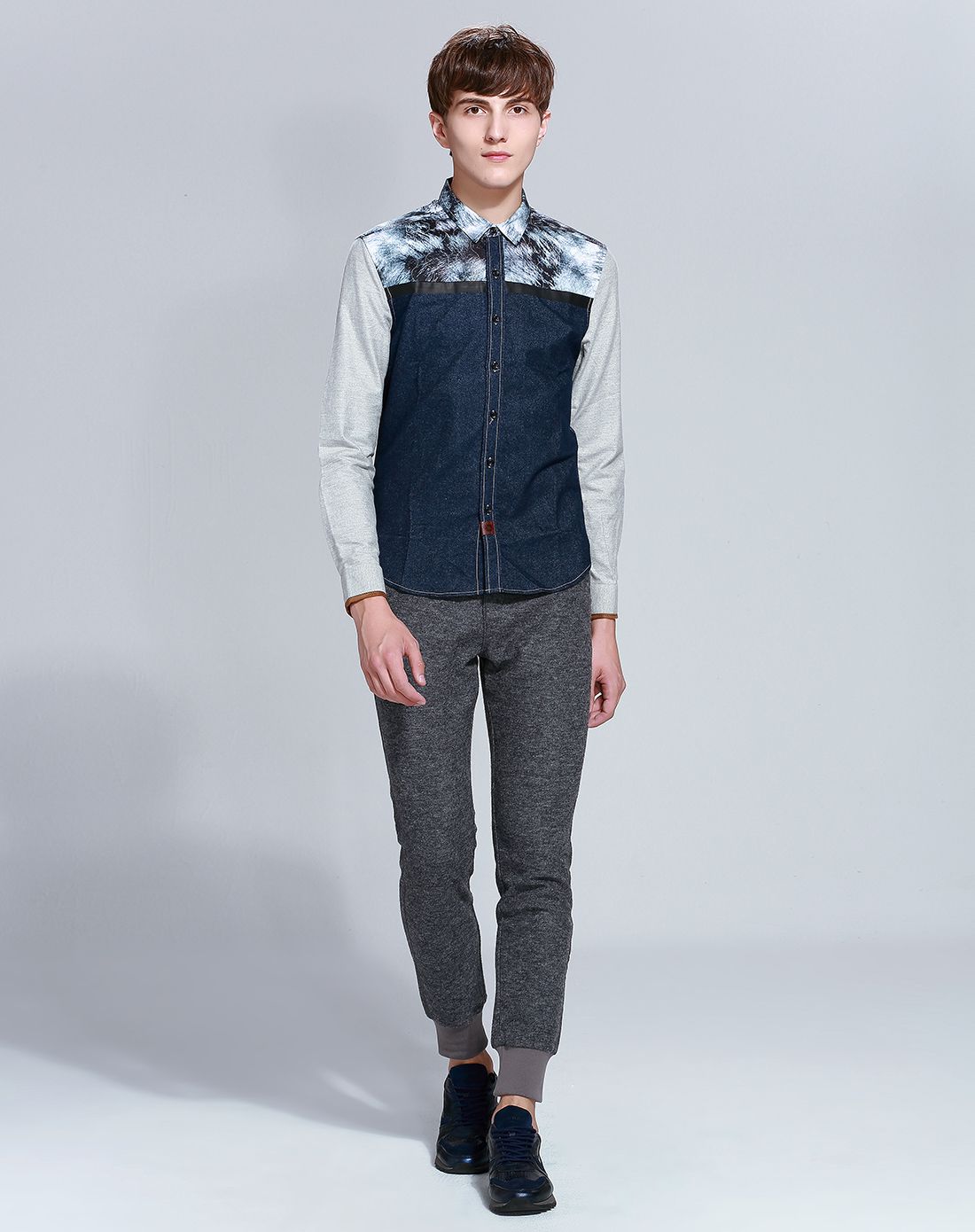 春秋新品撞色拼接修身文艺休闲男士衬衣潮男衬衫