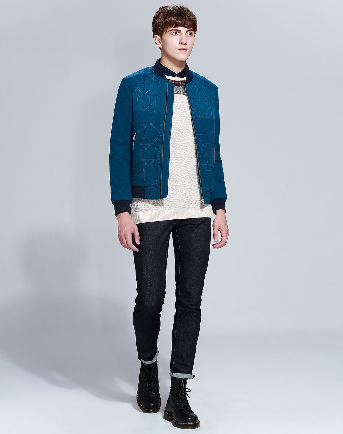 马克华菲mark fairwhale jeans纯色立领拼接羊毛外套7154107201056