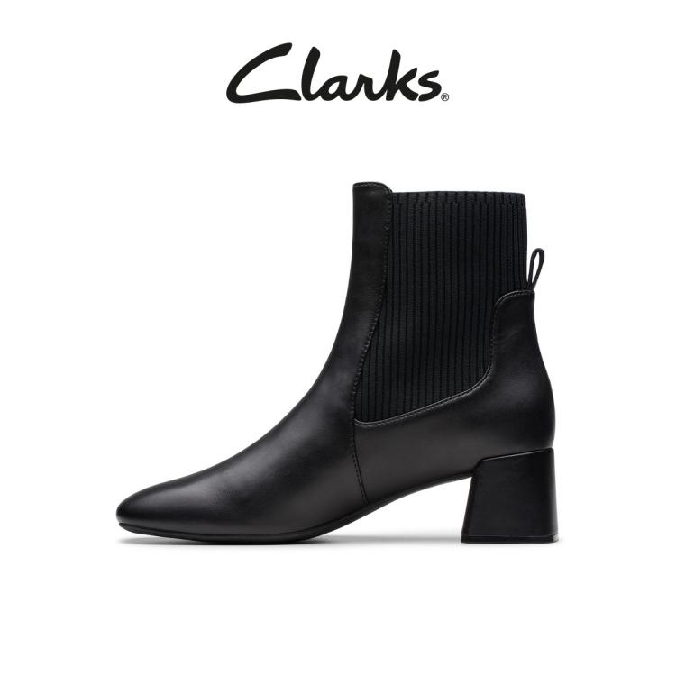 CLARKS clarks Clarks其乐新品女士秋冬时尚梯形方跟羊皮拼接中筒袜靴 6921178610687577623