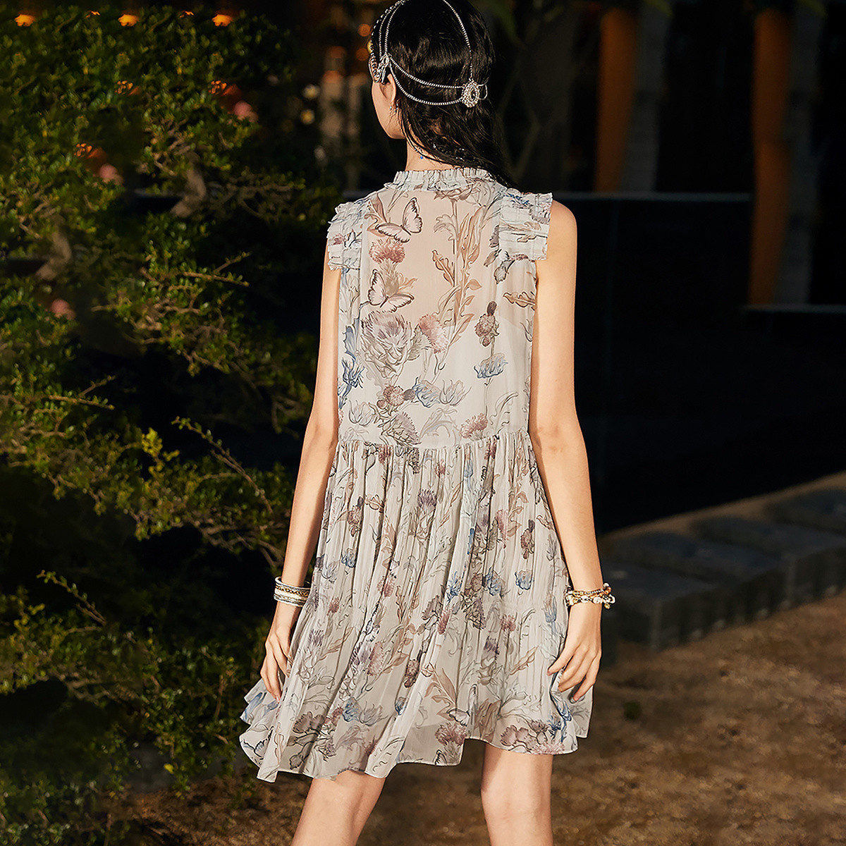 裂帛2019夏装新款荷叶领百褶裙吊带两件套无袖印花连衣裙女