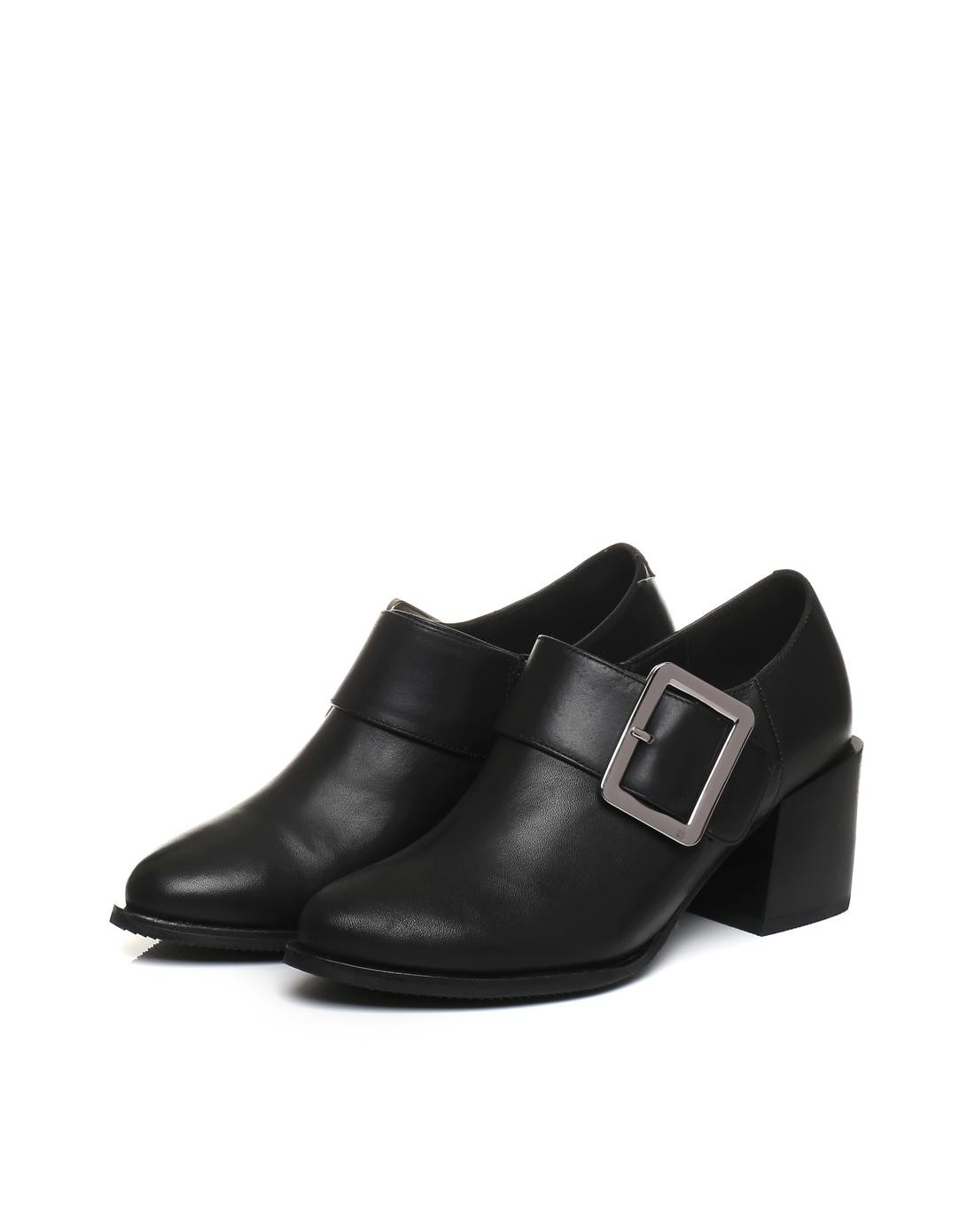 他她春专柜同款黑色牛皮方扣通勤粗高跟女皮鞋