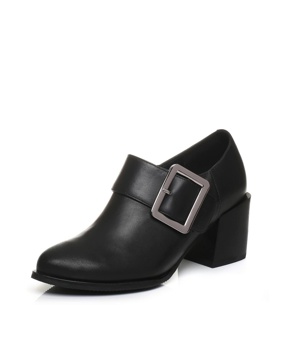 他她春专柜同款黑色牛皮方扣通勤粗高跟女皮鞋