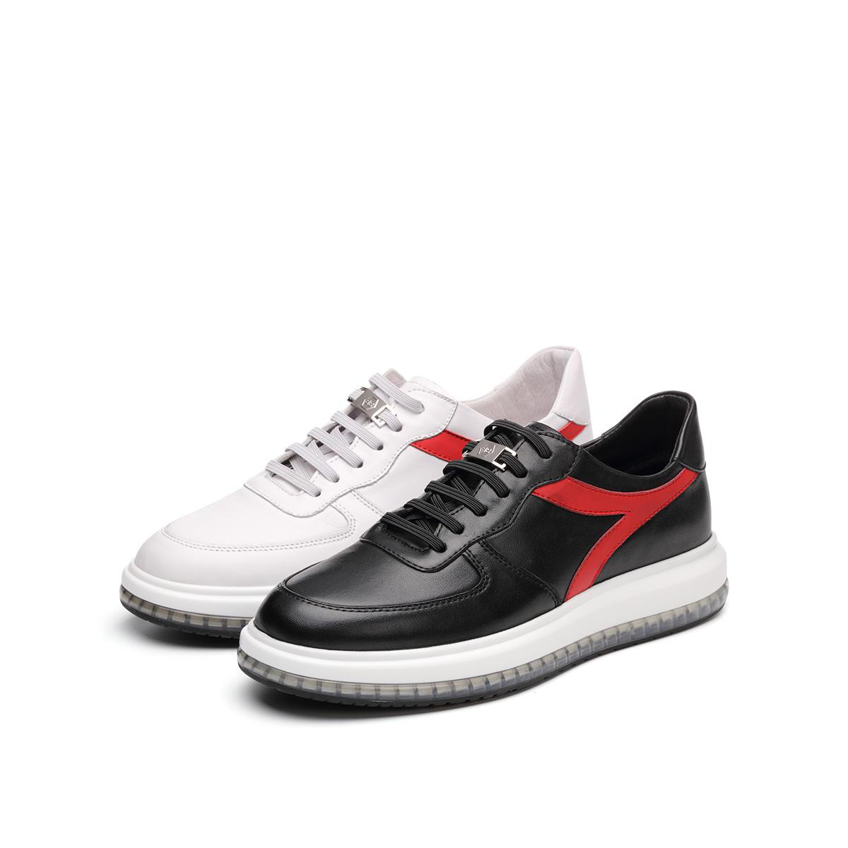 他她2018秋专柜同款黑色牛皮革潮款板鞋拼色系带男休闲鞋