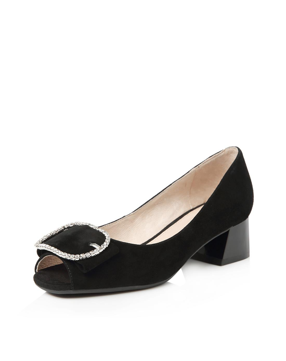 他她2018专柜同款黑色羊皮水钻方扣粗跟鱼嘴女皮鞋