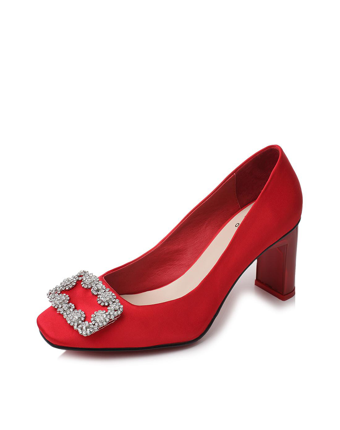 他她tata他她2018婚鞋布面闪亮水钻方扣粗高跟浅口女方头鞋ablfb8qad