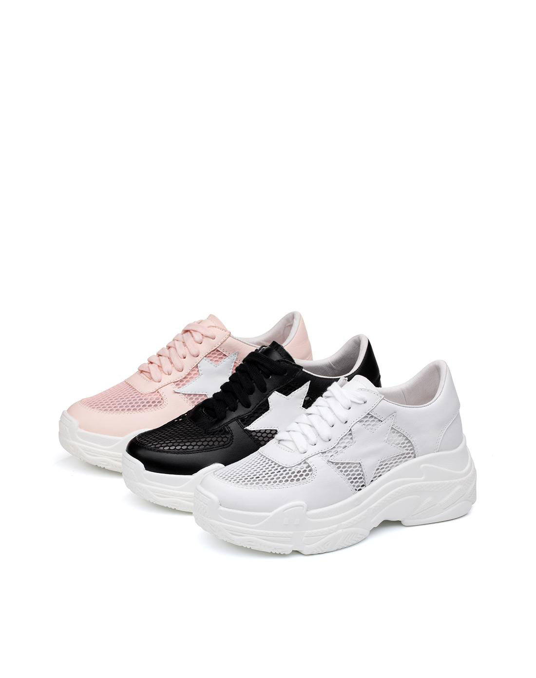 天美意2018秋新品黑色牛皮革厚底老爹鞋运动风女休闲鞋