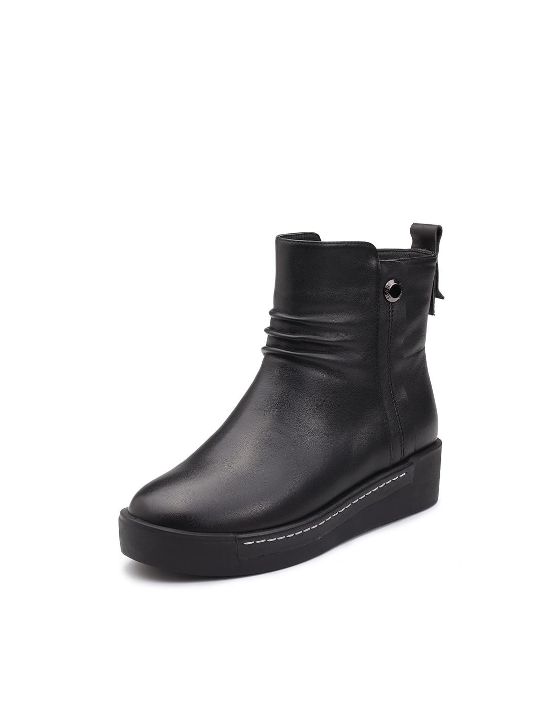 天美意2017冬新品专柜同款牛皮时尚简约厚底女短靴(毛里)