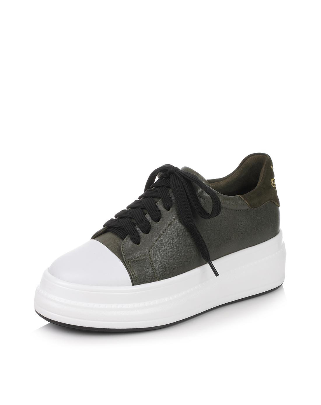 天美意2017油蜡牛皮刺绣厚底系带鞋女休闲鞋