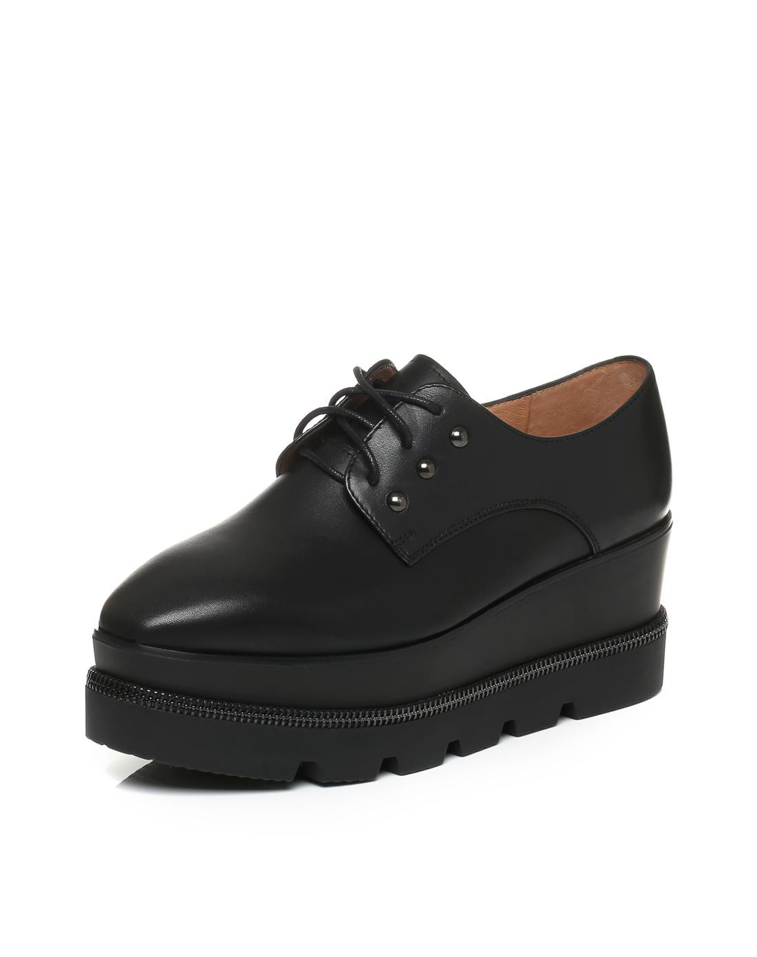 天美意黑色牛皮松糕厚底系带鞋女单鞋